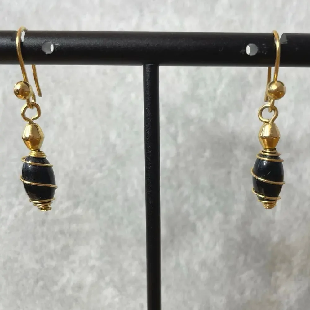 Vintage drop earrings black bead gold wire